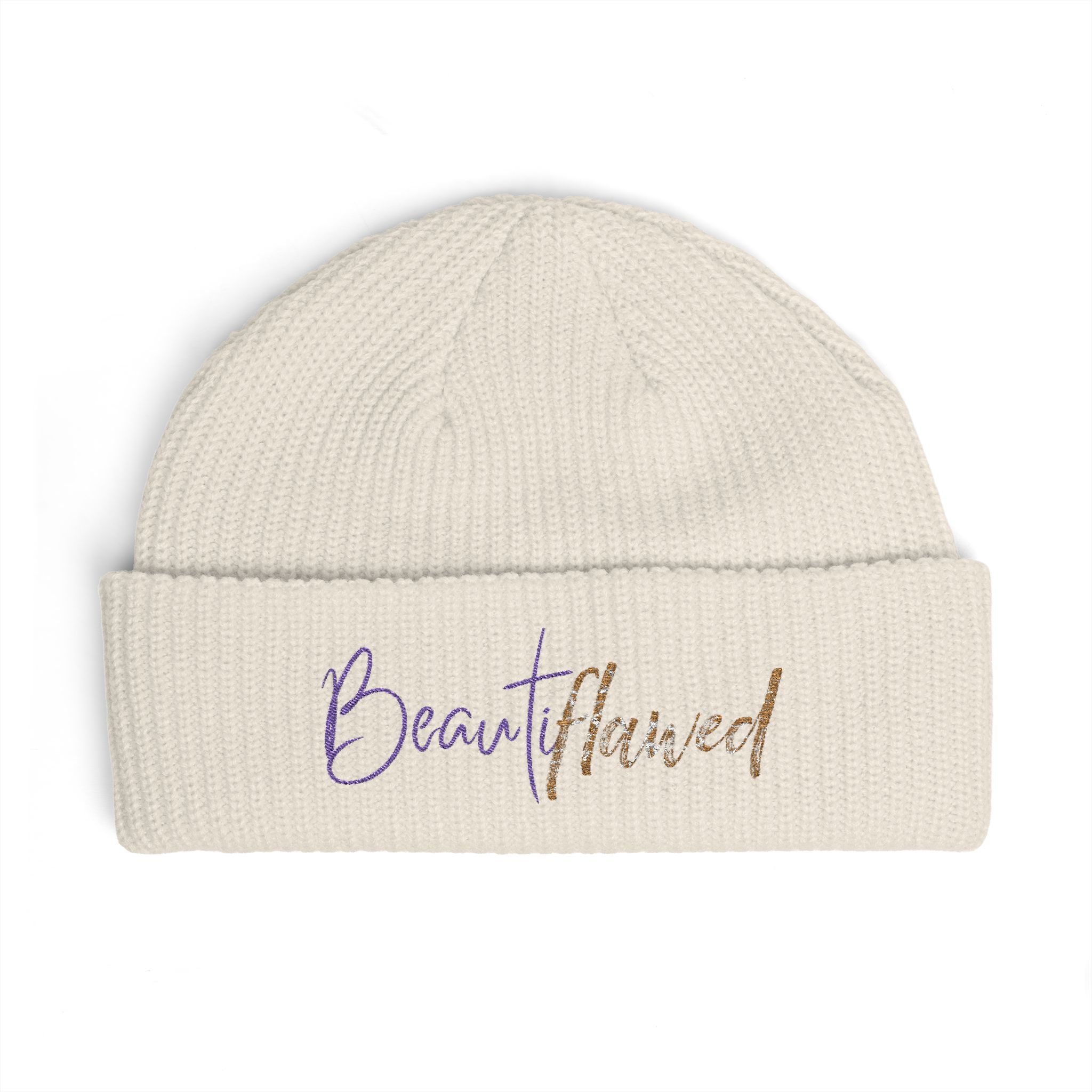 Cuff Beanie — "Beautiflawed" Embroidered Knit Hat - Image 2