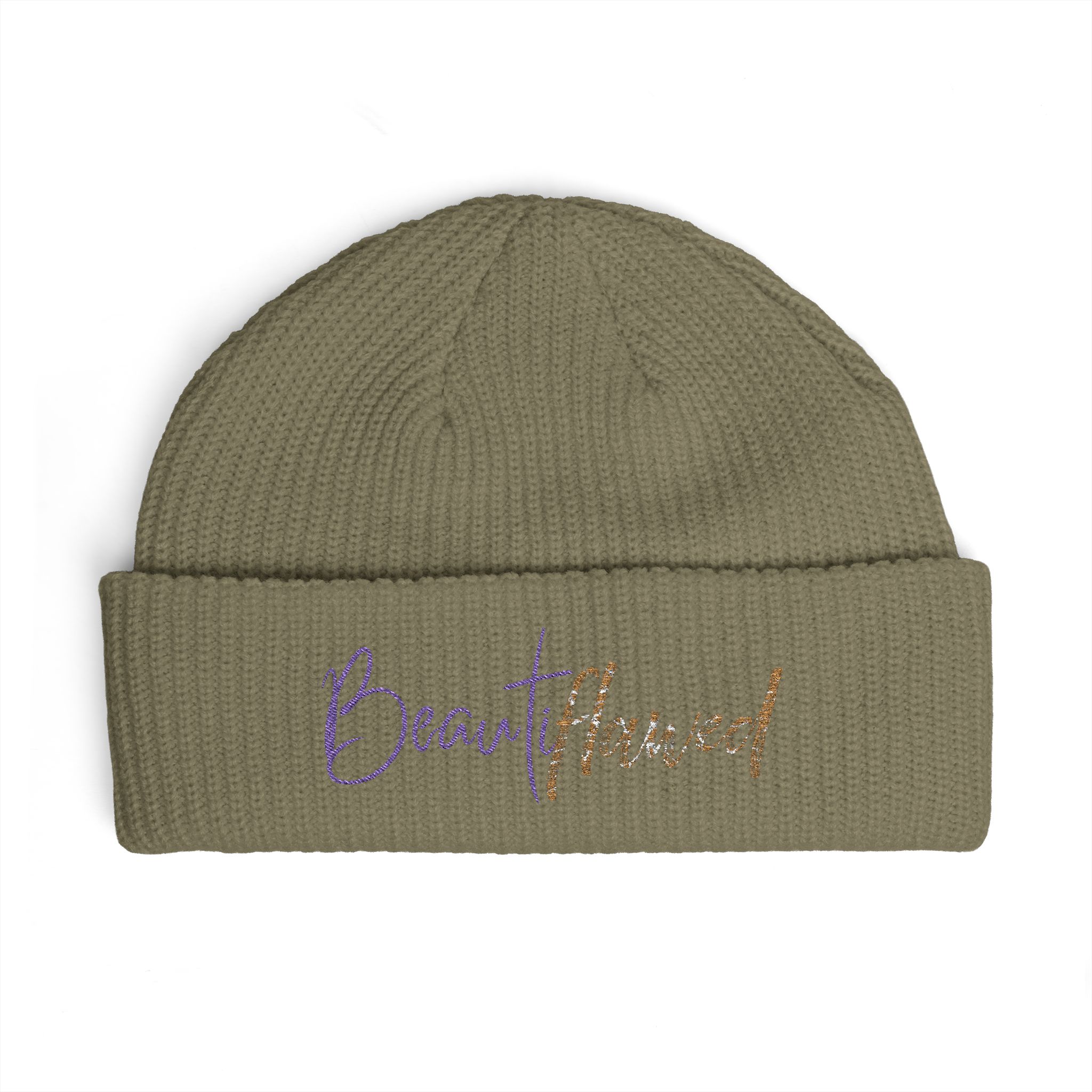 Cuff Beanie — "Beautiflawed" Embroidered Knit Hat - Image 4