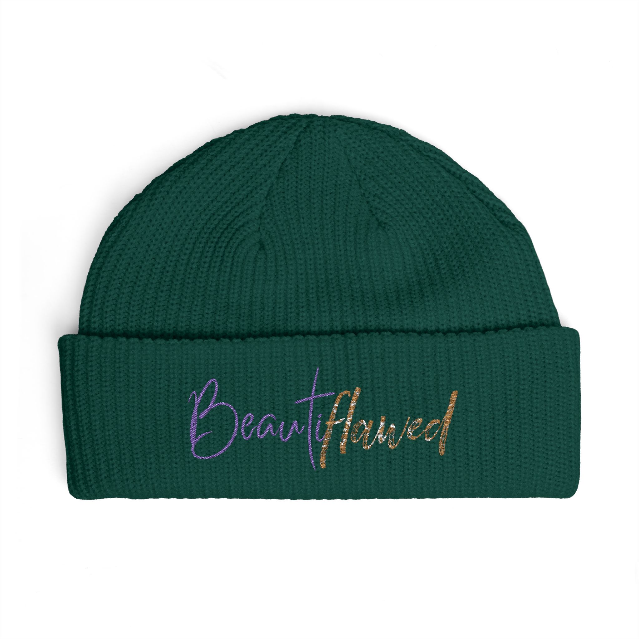Cuff Beanie — "Beautiflawed" Embroidered Knit Hat - Image 5